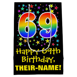 69誕生日:カラフルスターズパターン&レインボー69 ミディアムペーパーバッグ