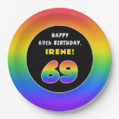 69誕生日:カラフルレインボー# 69,名前をカスタムする ペーパープレート (正面)