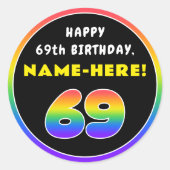 69誕生日:カラフルレインボー# 69,名前をカスタムする ラウンドシール (正面)