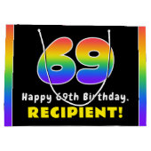 69誕生日:カラフルレインボー# 69,名前をカスタムする ラージペーパーバッグ (裏面)