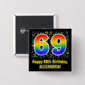 69誕生日:カラフル音楽シンボル、虹69 缶バッジ (正面&裏面)