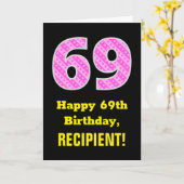 69誕生日:ピンクストライプ色のハートと"69" +名前 カード (黄色い花)