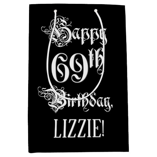 69誕生日:、ファンシースクリプエレガントト+名前をカスタムする ミディアムペーパーバッグ (正面)