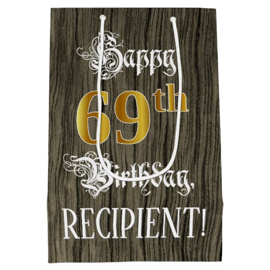 69誕生日:フェイク金ゴールドルック&ウッドフェイクパターン ミディアムペーパーバッグ (裏面)