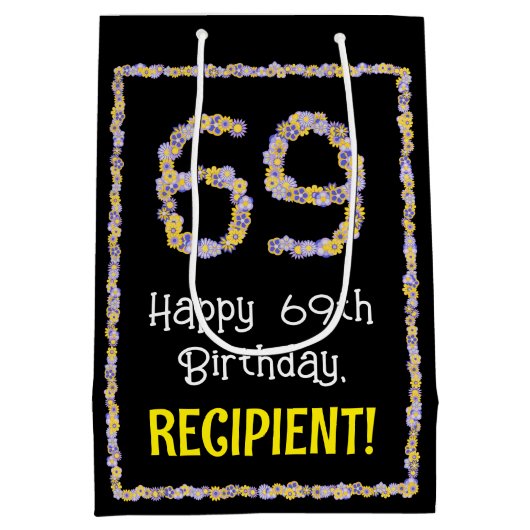 69誕生日:フローラ花数名前をカスタムする ミディアムペーパーバッグ (裏面)