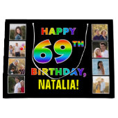 69誕生日:レインボー文字カスタム、写真&名前 ラージペーパーバッグ (正面)