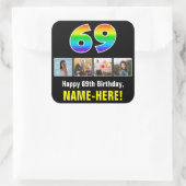 69誕生日:レインボー「69」、写真カスタムと名前 スクエアシール (バッグ)