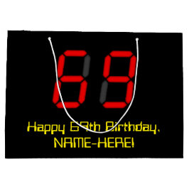 69誕生日：レッドデジタルクロックスタイル"69" +名前 ラージペーパーバッグ