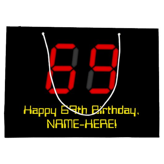 69誕生日:レッドデジタルクロックスタイル"69" +名前 ラージペーパーバッグ (裏面)