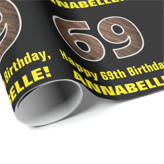 69誕生日:名前と木目フェイクのパターン「69」 ラッピングペーパー (ロールコーナー)