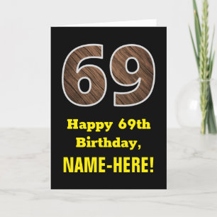 69誕生日:名前、木目フェイク模様「69」 カード