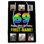 69誕生日: Rainbow "69"，写真カスタムと名前 ミディアムペーパーバッグ (正面)