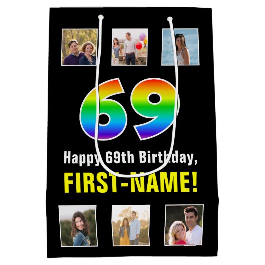 69誕生日: Rainbow "69"，写真カスタムと名前 ミディアムペーパーバッグ (裏面)