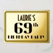 69th誕生日パーティー:アールデコの外観"69"と名前 箔招待状 (正面)