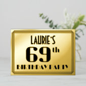 69th誕生日パーティー:アールデコの外観"69"と名前 箔招待状 (立ち正面)