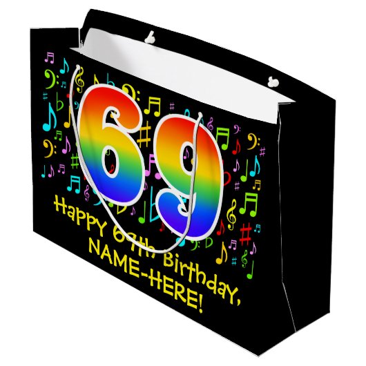 69th誕生日-カラフル音楽シンボル， Rainbow 69 ラージペーパーバッグ (裏面アングル)