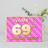 69th Birthday Party —おもしろいピンクのハートとストライプ 箔招待状 (立ち正面)