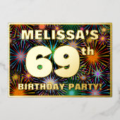 69th Birthday Party —おもしろい、カラフルFireworks Look 箔招待状 (正面)