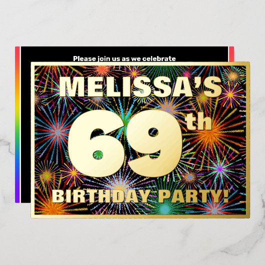 69th Birthday Party —おもしろい、カラフルFireworks Look 箔招待状 (正面/裏面)