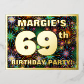 69th Birthday Party:, はっきりした Fireworks カラフル Look 箔招待状ポストカード (正面)