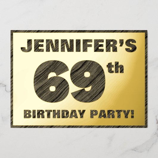 69th Birthday Party — はっきりしたWood Grainフェイク文字 箔招待状 (正面)