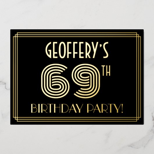 69th Birthday Party —アールデコスタイル「69」 +名前 箔招待状 (正面)