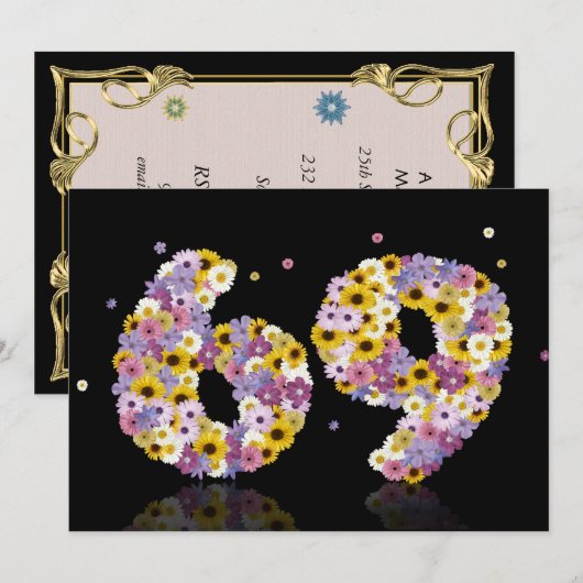 69th Birthday party，花の文字 招待状 (正面/裏面)