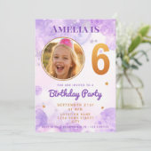 6 紫色 ゴールド スター バブル 6歳 誕生日 招待状 (スタンド正面)