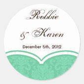6 - 3"スティッカーズミントグリーンホワイトダマスクレース ラウンドシール (正面)