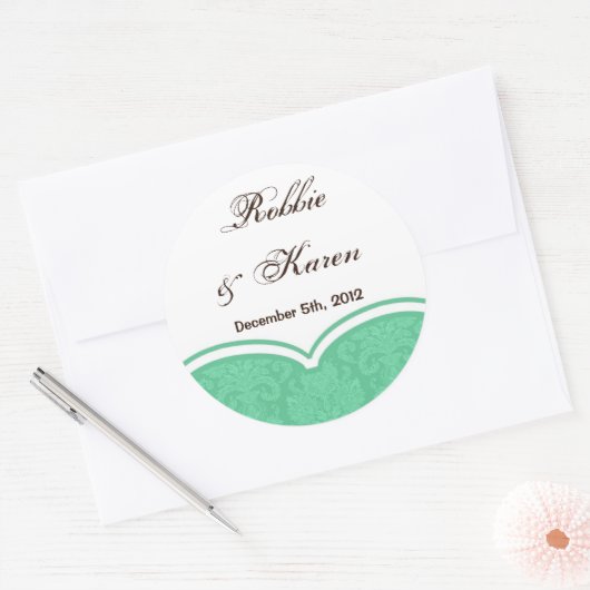 6 - 3"スティッカーズミントグリーンホワイトダマスクレース ラウンドシール (封筒)