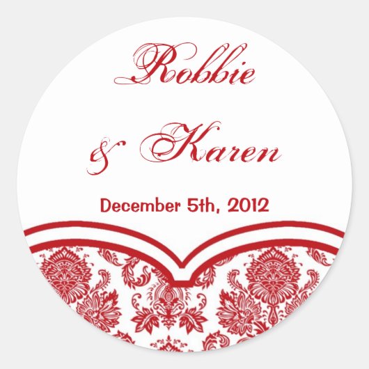 6 - 3"スティッカーレッドCrimsoホワイトダマスクレース ラウンドシール (正面)