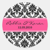 6 - 3"ブラックダマスクとホットピンクのお気に入りスタンプ ラウンドシール (正面)