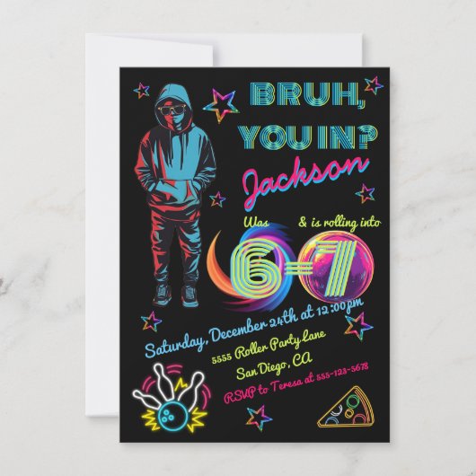 6-7 ボウリング Bruh ネオン ボウリング 誕生日 招待状 (正面)