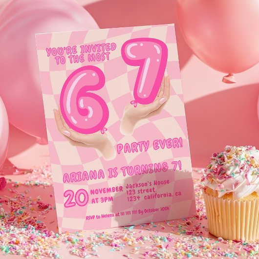6 7 ミームトレンド 6歳 7歳 誕生日パーティ レトロ ピンク 招待状