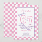6 7 ミーム ピンク市松模様 女子 誕生日 招待状 (正面/裏面)