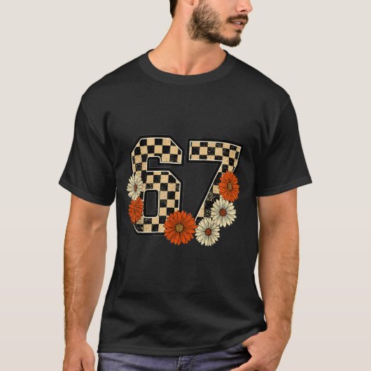 6 7 レトロな秋のミーム市松模様Tシャツ 67に憑りつかれた Tシャツ (正面)