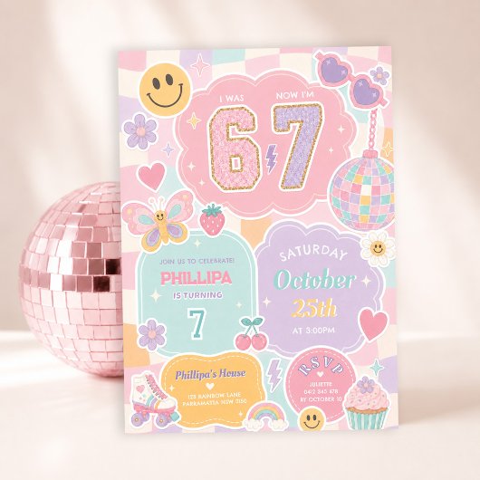 6 7 女の子の誕生日:グルービーパステルチェック柄の虹 招待状