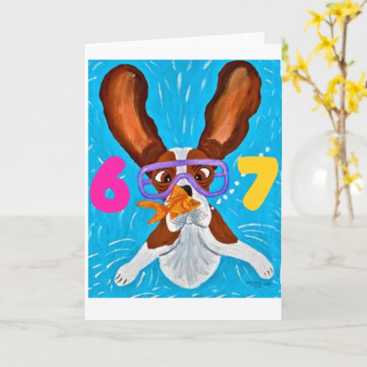 6 7 Basset Hound underwater with fish card カード (黄色い花)