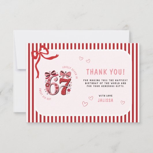 6 7 Birthday for Girls, Pink Kids 7th Birthday サンキューカード (正面)