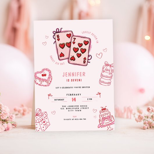 6 7 Birthday for Girls, Pink Six Seven Kids Party 招待状