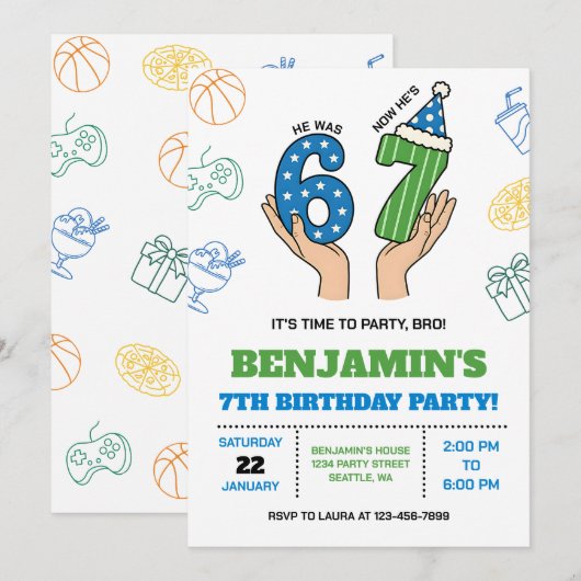 6-7 Birthday Invitation for Boys, Six Seven Meme 招待状 (正面/裏面)