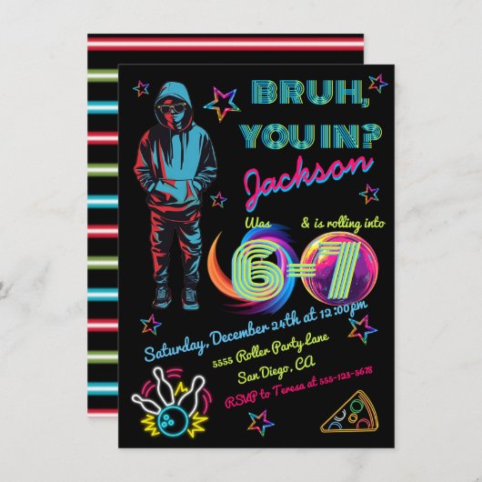 6-7 Bowling Bruh Neon Bowling Birthday 招待状 (正面/裏面)