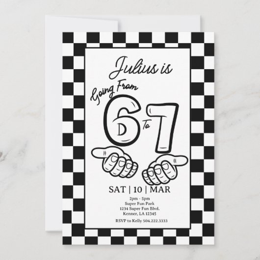 6 7 Meme Birthday Black Checkerboard Invitation 招待状 (正面)