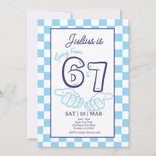 6 7 Meme Birthday Blue Checkerboard Invitation 招待状 (正面)