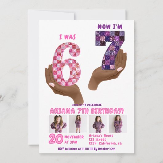 6 7 Meme Retro Pink Purple Checker Kids Birthday 招待状 (正面)