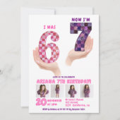 6 7 Meme Retro Pink Purple Checker Kids Birthday 招待状 (正面)