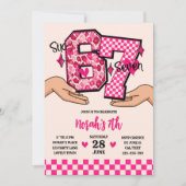 6 7 Meme Varsity Leopard Checkerboard Girl's Party 招待状 (正面)