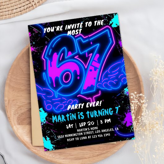 6 7 Neon Six Seven Birthday Invitation  招待状