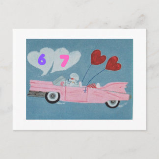 6 7 Poodle in Pink Classic Car flying in sky card ポストカード