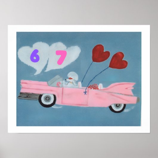 6 7 Poodle in Pink Classic Car flying in sky poste ポスター (正面)